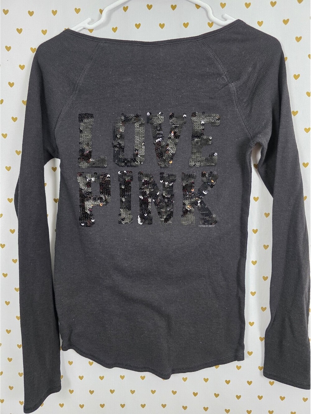 Victoria’s Secret PINK LOVE PINK Sequin Thermal Henley Top L Black Y2K